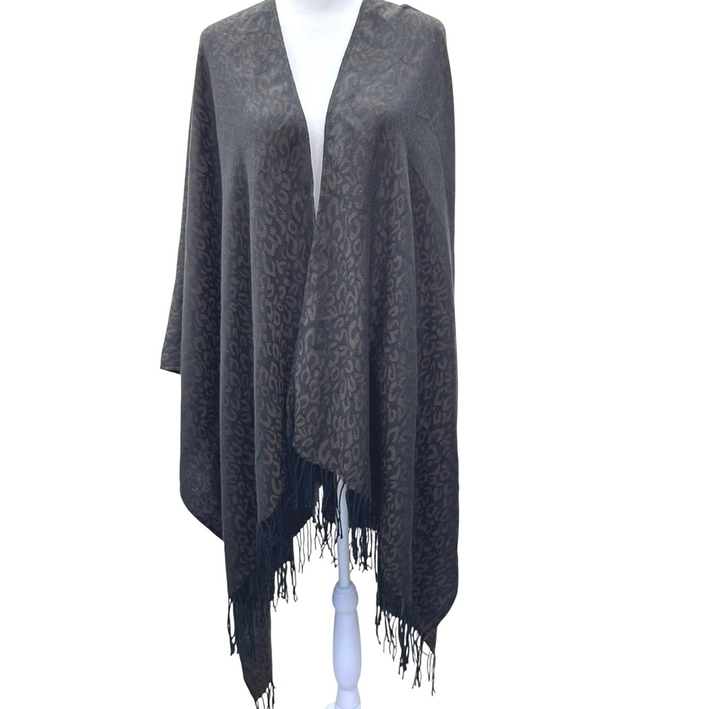 V.FRAAS Leopard Print‎ Scarf Shawl Wrap Fringed Brown Black Elegant Women